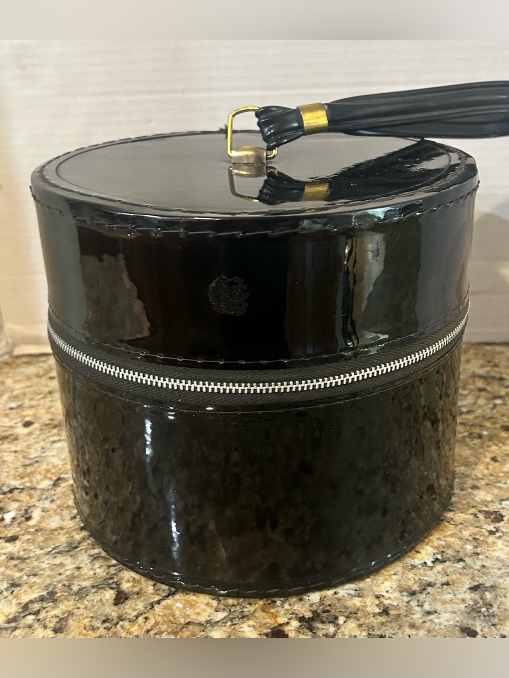 Vintage Black Patent Round Vanity Case with Tassel Handle